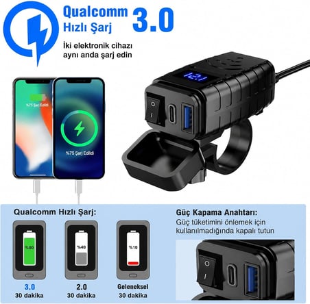 Motosiklet Hızlı Şarj Cihazı 12V-24V Su Geçirmez Çift USB Type-C PD Hızlı Şarj Portu Gidon Bağlantılı Telefon Tablet Şarj Adaptörü, Motosiklet, Bisiklet, Atv, Tekne, Motor Aksesuarı MT4