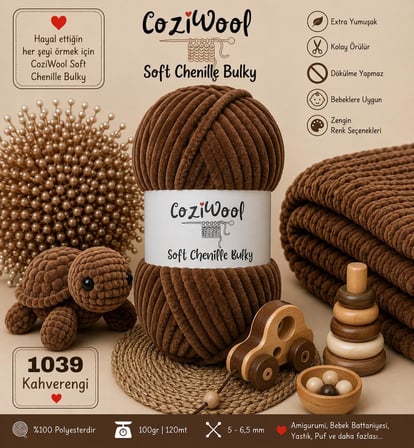 5'li Paket 5x100 Gr. 120 Mt., Soft Chenille Bulky%100 Mikro Polyester, Amigurumi, Oyuncak, Bebek Battaniyesi, Yumuşak, Lüks & Canlı Renkler, 1039-Kahverengi