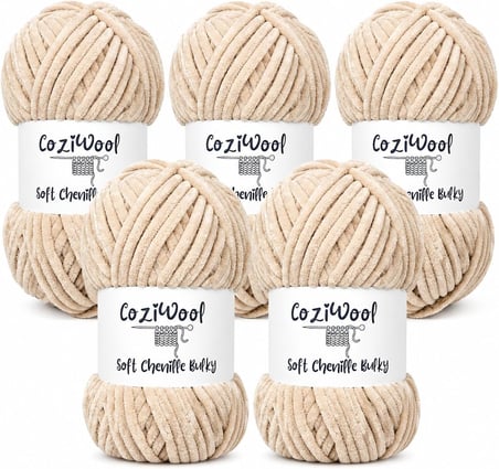 5'li Paket 5x100 Gr. 120 Mt., Soft Chenille Bulky%100 Mikro Polyester, Amigurumi, Oyuncak, Bebek Battaniyesi, Yumuşak, Lüks & Canlı Renkler, 1037-Krem