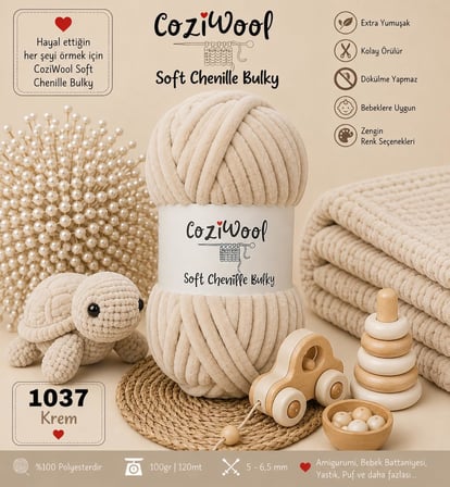 5'li Paket 5x100 Gr. 120 Mt., Soft Chenille Bulky%100 Mikro Polyester, Amigurumi, Oyuncak, Bebek Battaniyesi, Yumuşak, Lüks & Canlı Renkler, 1037-Krem