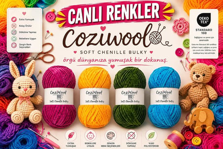 5'li Paket 5x100 Gr. 120 Mt., Soft Chenille Bulky%100 Mikro Polyester, Amigurumi, Oyuncak, Bebek Battaniyesi, Yumuşak, Lüks & Canlı Renkler, 1037-Krem
