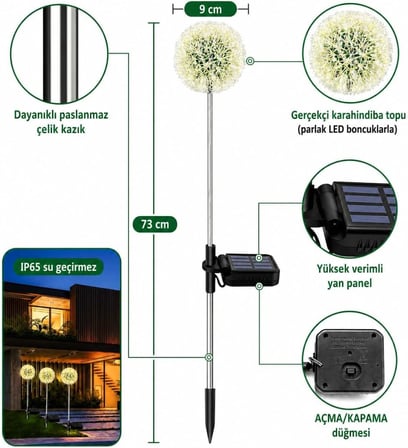 Güneş Enerjili Karahindiba Bahçe Lambası Solar LED Dekoratif Dış Mekan Aydınlatma Sıcak Beyaz