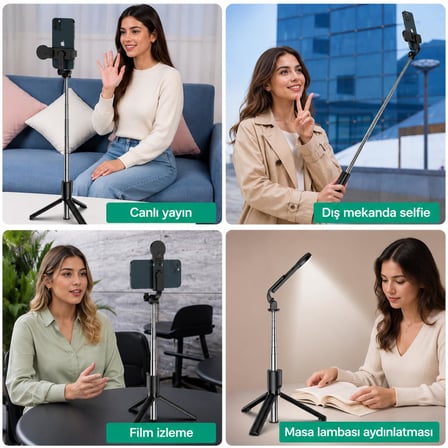 G4 LED Işıklı Selfie Çubuğu Tripod, 113 cm Uzayabilen Bluetooth Kumandalı Selfie Stick, 3 Işık Modlu Beyaz, Sarı, Gün Işığı, 360 Telefon Tripodu, Vlog Çekim Aparatı, Android ve iOS Uyumludur