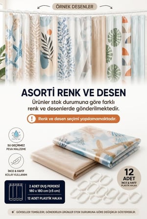 2'li Duş Perdesi Seti, PEVA Banyo Perdesi ve Askı Halkaları, Çok Renkli Karışık Desen (90x180cm)