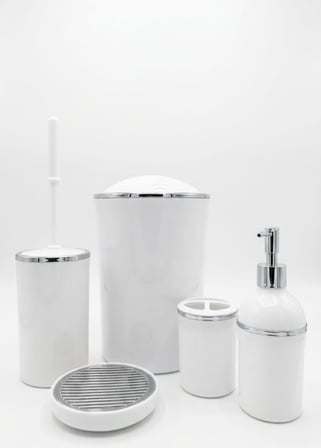 Parça Yuvarlak Lüks Banyo Seti – Sert Plastik Çöp Kovalı, Sıvı Sabunluklu, Diş Fırçalıklı ve Klozet Fırçalı Standart Banyo Takımı, Düzenleyici ve Aksesuar Seti (Krom-Beyaz)
