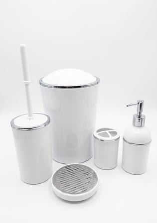 Parça Yuvarlak Lüks Banyo Seti – Sert Plastik Çöp Kovalı, Sıvı Sabunluklu, Diş Fırçalıklı ve Klozet Fırçalı Standart Banyo Takımı, Düzenleyici ve Aksesuar Seti (Krom-Beyaz)