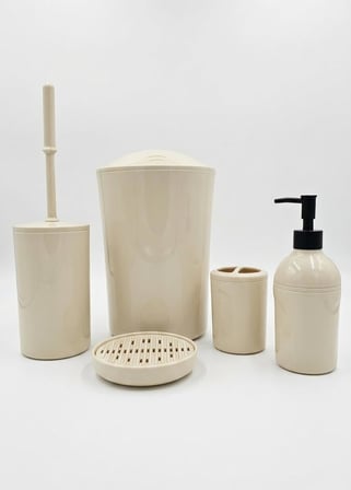 Parça Yuvarlak Lüks Banyo Seti – Sert Plastik Çöp Kovalı, Sıvı Sabunluklu, Diş Fırçalıklı ve Klozet Fırçalı Standart Banyo Takımı, Düzenleyici ve Aksesuar Seti (Krom-Beyaz)