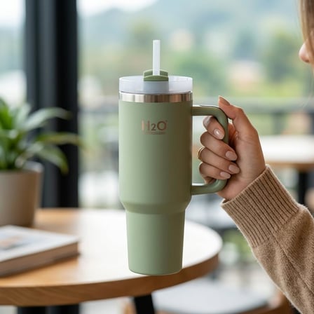 1200 ML Kapasiteli Paslanmaz Çelik Termos Kupa - Entegre Pipetli, Geniş Kulplu, Çift Duvar Vakum Yalıtımlı, Araç İçi Bardaklık Uyumlu Seyahat Matarası ve Çelik Suluk (YEŞİL)