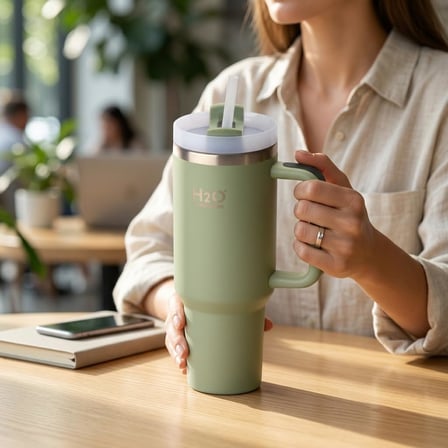 1200 ML Kapasiteli Paslanmaz Çelik Termos Kupa - Entegre Pipetli, Geniş Kulplu, Çift Duvar Vakum Yalıtımlı, Araç İçi Bardaklık Uyumlu Seyahat Matarası ve Çelik Suluk (YEŞİL)