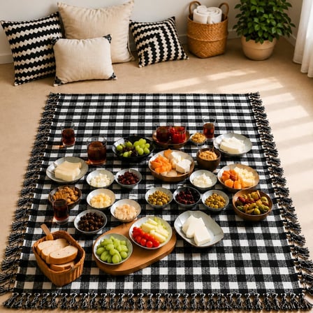 Pamuklu Masa Örtüsü, Kenarları Düğümlü Kare Sofra, Dekoratif Piknik, Mutfak, Yemek Masası, Balkon, Bahçe ve Teras Örtü, Yumuşak, Dayanıklı, Makinede Yıkanabilir (Siyah/Beyaz, 170 * 170 cm)