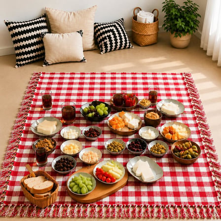 Pamuklu Masa Örtüsü, Kenarları Düğümlü Kare Sofra, Dekoratif Piknik, Mutfak, Yemek Masası, Balkon, Bahçe ve Teras Örtü, Yumuşak, Dayanıklı, Makinede Yıkanabilir (Kırmızı/Beyaz, 170 * 170 cm)