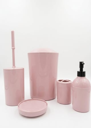 Parça Yuvarlak Lüks Banyo Seti – Sert Plastik Çöp Kovalı, Sıvı Sabunluklu, Diş Fırçalıklı ve Klozet Fırçalı Standart Banyo Takımı, Düzenleyici ve Aksesuar Seti (BEJ)