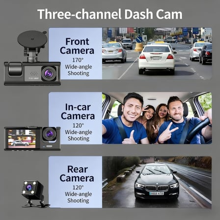 3 Kameralı Araç İçi Kamera 1296p SuperHD - 170° Ön, 120° Kabin İçi ve Arka Geri Vites Kamerası, WiFi Bağlantılı Mobil Uygulama Desteği, Gece Görüşlü, Döngüsel Kayıt ve G-Sensörlü 362