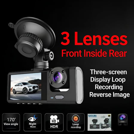 3 Kameralı Araç İçi Kamera 1296p SuperHD - 170° Ön, 120° Kabin İçi ve Arka Geri Vites Kamerası, WiFi Bağlantılı Mobil Uygulama Desteği, Gece Görüşlü, Döngüsel Kayıt ve G-Sensörlü 362