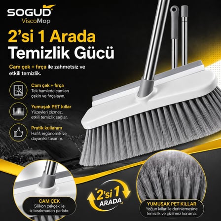 Viscomop Oto Yıkama Fırçası - Cam Çekli Araç Temizlik Seti, 3 Parçalı Metal Sap, Yumuşak Kıllı Çekçek, Araba, Karavan, Tekne, Cam ve Zemin Temizleme Aparatı