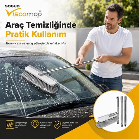 Viscomop Oto Yıkama Fırçası - Cam Çekli Araç Temizlik Seti, 3 Parçalı Metal Sap, Yumuşak Kıllı Çekçek, Araba, Karavan, Tekne, Cam ve Zemin Temizleme Aparatı