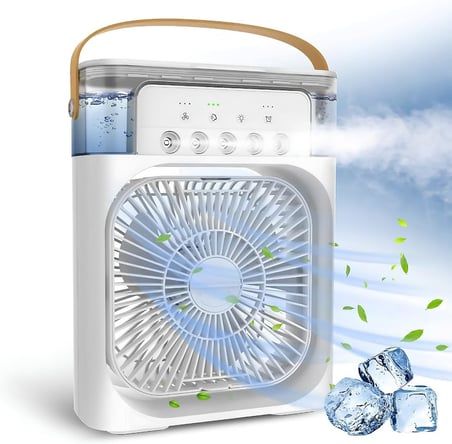 Masaüstü Taşınabilir Mini Klima - 600ml Su Depolu, 5 Spreyli Hava Soğutucu Vantilatör, 3 Kademeli Hız, Renkli Led Işıklı, Zamanlayıcılı ve Parfüm Hazneli USB Mini Hava Nemlendirici