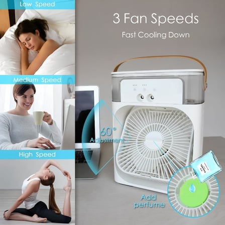 Masaüstü Taşınabilir Sulu Hava Soğutucu Fan - 600ml Su Depolu Mini Hava Klima, 3 Kademeli Hız, Renkli LED Gece Lambası, 60° Ayarlanabilir Açı, USB İle Çalışan Sessiz Vantilatör & Nemlendirici