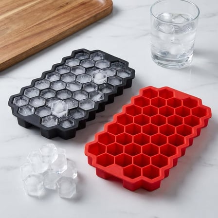 2 Adet Petek Desenli Silikon Buz Kalıbı, 37 Gözlü Altıgen Buzluk, Siyah ve Kırmızı Esnek Buz Kalıbı Seti, İçecek Kokteyl Limonata Kahve İçin Pratik Buz Küpü Kalıbı, 20x12 cm