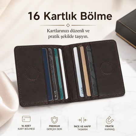 Hakiki Deri Kartlık Cüzdan - Erkek Kadın 16 Bölmeli Mıknatıslı İnce Cüzdanı - Kahverengi Lüks Minimalist Cep Düzenleyici - Kaliteli El İşçiliği Şık Tasarım - Kredi Kartılık Fonksiyonel Bölme