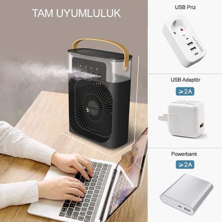 Mini Hava Soğutucu, Taşınabilir Hortumsuz Portatif Klima, Mobil Sulu Klima, 3 Rüzgar Hızı, 3 Sis Modu, Taşınabilir Buzlu Vantilatör 5 Sprey Delikli ile Renkli LED Işıklı (K27-Yeşil)