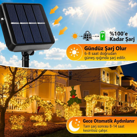 Enerjili LED Işık Zinciri 12 Metre 100 LED Gün Işığı, Solar Bahçe Işığı, IP65 Su Geçirmez, 8 Aydınlatma Modlu, Balkon, Teras, Ağaç, Çit ve Dış Mekan Dekorasyonu