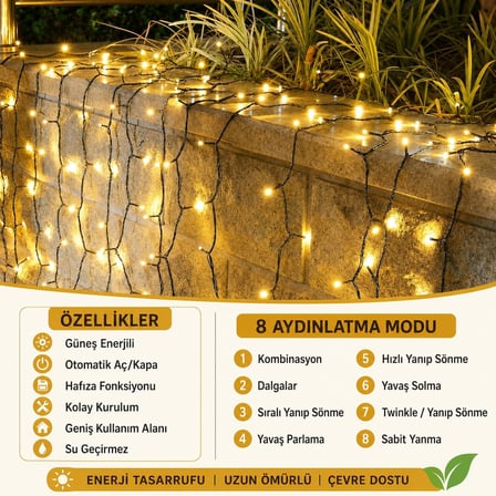 Enerjili LED Işık Zinciri 12 Metre 100 LED Gün Işığı, Solar Bahçe Işığı, IP65 Su Geçirmez, 8 Aydınlatma Modlu, Balkon, Teras, Ağaç, Çit ve Dış Mekan Dekorasyonu