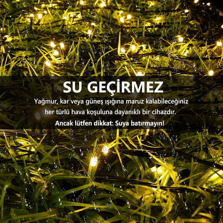 Enerjili LED Işık Zinciri 12 Metre 100 LED Gün Işığı, Solar Bahçe Işığı, IP65 Su Geçirmez, 8 Aydınlatma Modlu, Balkon, Teras, Ağaç, Çit ve Dış Mekan Dekorasyonu