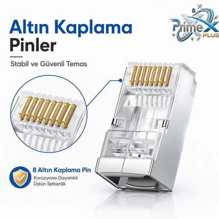 Jack UTP Konnektör, 100'lü Paket Yeni Nesil Ethernet Ağ Kablosu Ucu, Metal Gövdeli Cat6 RJ45 Plug, Network LAN İnternet Kablosu Sonlandırma Konnektörü