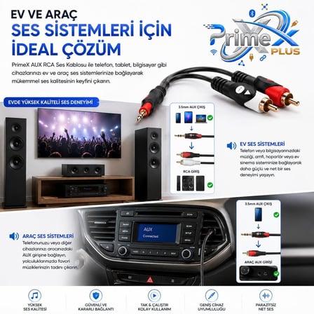 3.5mm AUX to 2 RCA Ses Kablosu, Telefon Laptop PC Tablet Ses Çıkışını Amfi Hoparlör TV Ses Sistemine Bağlama Kablosu, Kırmızı Beyaz RCA Stereo Audio Kablo