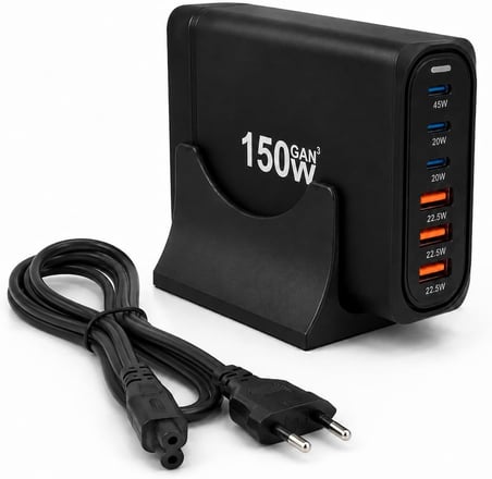 150W GaN Hızlı Şarj İstasyonu, 6 Portlu Masaüstü Şarj Aleti, 3 USB-C Type-C ve 3 USB-A Girişli Çoklu Adaptör, Telefon Tablet Laptop İçin Akıllı Güç Dağıtımlı Şarj Cihazı