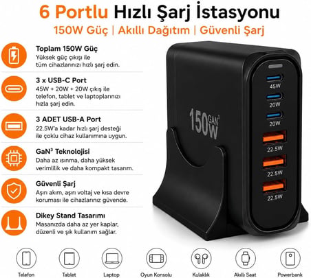 150W GaN Hızlı Şarj İstasyonu, 6 Portlu Masaüstü Şarj Aleti, 3 USB-C Type-C ve 3 USB-A Girişli Çoklu Adaptör, Telefon Tablet Laptop İçin Akıllı Güç Dağıtımlı Şarj Cihazı
