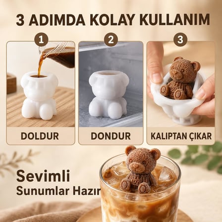 Boyutlu Ayıcık Buz Kalıbı, Silikon Ayı Şekilli Tek Gözlü Buzluk, Kahve Kokteyl ve Soğuk İçecek Sunumu, 5 x 7 cm, 1 Adet