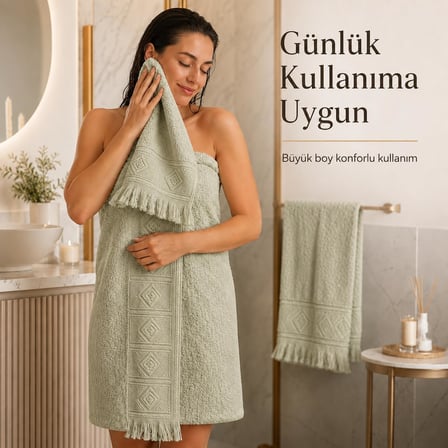 2'li Banyo Havlu Seti -%100 Pamuk Jakarlı Büyük Boy Banyo Havlusu 90x150 cm - El Yüz Havlusu 50x90 cm - Yumuşak Püsküllü Çeyizlik Takım - Yüksek Emicilik - Kadın Erkek - Yeşil