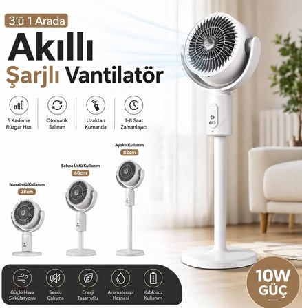 Şarjlı Ayaklı Vantilatör, Uzaktan Kumandalı, 5 Kademeli Hız, Type-C Şarjlı, 120° Otomatik Salınım, 180° Açı Ayarlı, 1-8 Saat Zamanlayıcı, 3 Yükseklik Ayarlı, Sessiz Brushless Motor, 10W