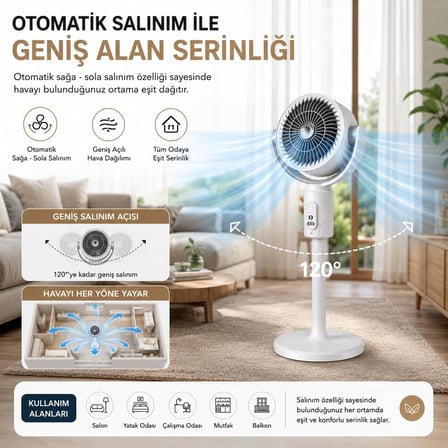 Şarjlı Ayaklı Vantilatör, Uzaktan Kumandalı, 5 Kademeli Hız, Type-C Şarjlı, 120° Otomatik Salınım, 180° Açı Ayarlı, 1-8 Saat Zamanlayıcı, 3 Yükseklik Ayarlı, Sessiz Brushless Motor, 10W