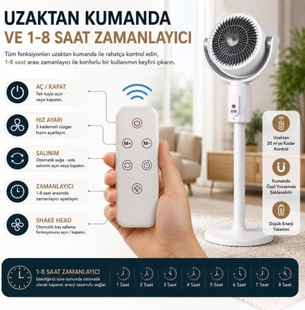 Şarjlı Ayaklı Vantilatör, Uzaktan Kumandalı, 5 Kademeli Hız, Type-C Şarjlı, 120° Otomatik Salınım, 180° Açı Ayarlı, 1-8 Saat Zamanlayıcı, 3 Yükseklik Ayarlı, Sessiz Brushless Motor, 10W