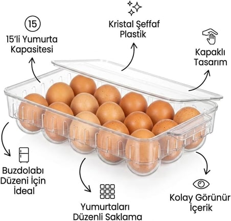 15'li Yumurta Saklama Kabı, Kapaklı Şeffaf Plastik Yumurta Kutusu, Buzdolabı Düzenleyici Mika Görünümlü Kristal Yumurta Organizeri