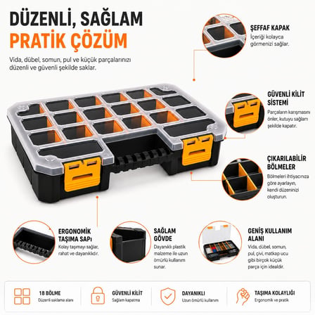 Home M Boy Bölmeli Organizer Kutu, Ayarlanabilir Gözlü Vida Dübel Hırdavat Kutusu, Takı Toka Boncuk Düzenleyici, Şeffaf Kapaklı Plastik Saklama Kabı (M)