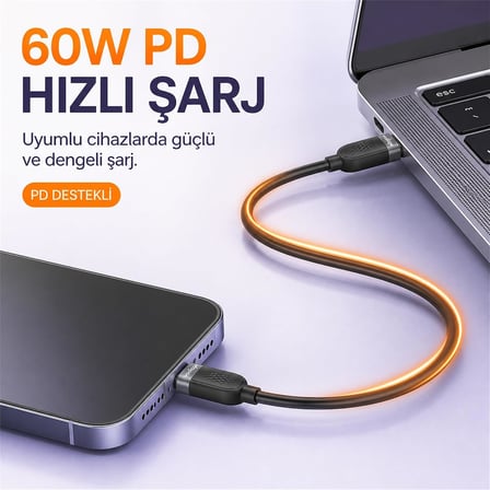 USB-C Silikon Hızlı Şarj ve Veri Kablosu, 60W PD 480 Mbps, Yumuşak ve Dolaşmaya Dirençli, Telefon Tablet Laptop Uyumlu, 1 Metre, Siyah