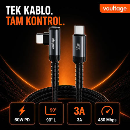 Type-C L Uçlu 60W PD Hızlı Şarj Kablosu, 1 Metre, 90° Dirsek Uçlu USB-C Kablo, 3A, 480 Mbps Veri Aktarımı, Örgülü Naylon, Telefon, Tablet ve Bilgisayar Uyumlu – Siyah