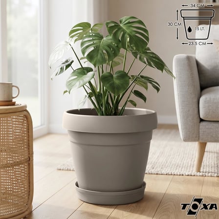 Tabaklı Delikli Plastik Çiçek Saksısı, 34 cm 15 Lt, 1 Adet, Bej