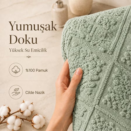 2'li Banyo Ayak Havlusu Seti -%100 Pamuk Jakarlı Kabartmalı 50x70 cm - Yumuşak Emici Duş Önü Paspası - Kayma Yapmayan Çeyizlik Banyo Havlusu - Su Yeşili