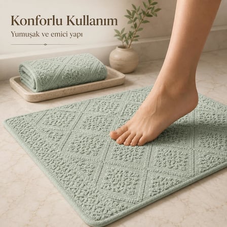 2'li Banyo Ayak Havlusu Seti -%100 Pamuk Jakarlı Kabartmalı 50x70 cm - Yumuşak Emici Duş Önü Paspası - Kayma Yapmayan Çeyizlik Banyo Havlusu - Su Yeşili