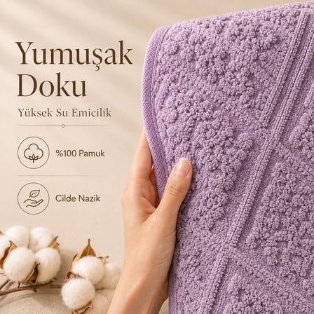 2'li Banyo Ayak Havlusu Seti -%100 Pamuk Jakarlı Kabartmalı 50x70 cm - Yumuşak Emici Duş Önü Paspası - Kayma Yapmayan Çeyizlik Banyo Havlusu - Mürdüm
