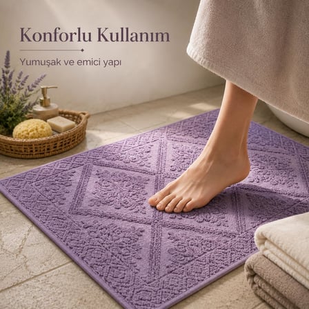 2'li Banyo Ayak Havlusu Seti -%100 Pamuk Jakarlı Kabartmalı 50x70 cm - Yumuşak Emici Duş Önü Paspası - Kayma Yapmayan Çeyizlik Banyo Havlusu - Mürdüm