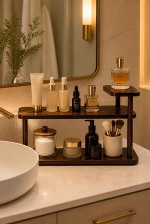 2 Katlı Tezgah Üstü Organizer, Mutfak ve Banyo İçin Çok Amaçlı Düzenleyici Raf, Baharat, Kavanoz, Kozmetik ve Kişisel Bakım Ürünleri İçin, Kahverengi