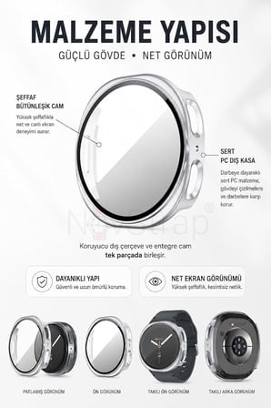 Samsung Galaxy Watch 9 44mm ile Uyumlu Kılıf Sert PC Kasa ve Cam Ekran Koruyucu 360 Tam Koruma SİYAH