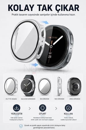 Samsung Galaxy Watch 9 44mm ile Uyumlu Kılıf Sert PC Kasa ve Cam Ekran Koruyucu 360 Tam Koruma SİYAH