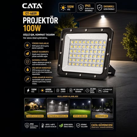 100W Slim LED Projektör Cata CT-4659B - Beyaz Işık 6400K